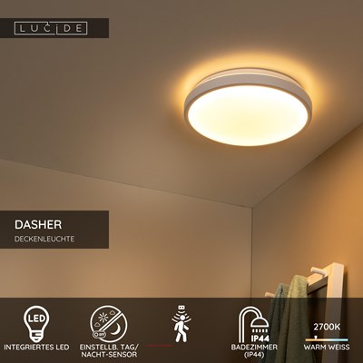 Lucide DASHER - Deckenleuchte Badezimmer - Ø 34,8 cm - LED - 1x18W 2700K - IP44 - Bewegung und Tag/Nacht-Sensor - Weiß